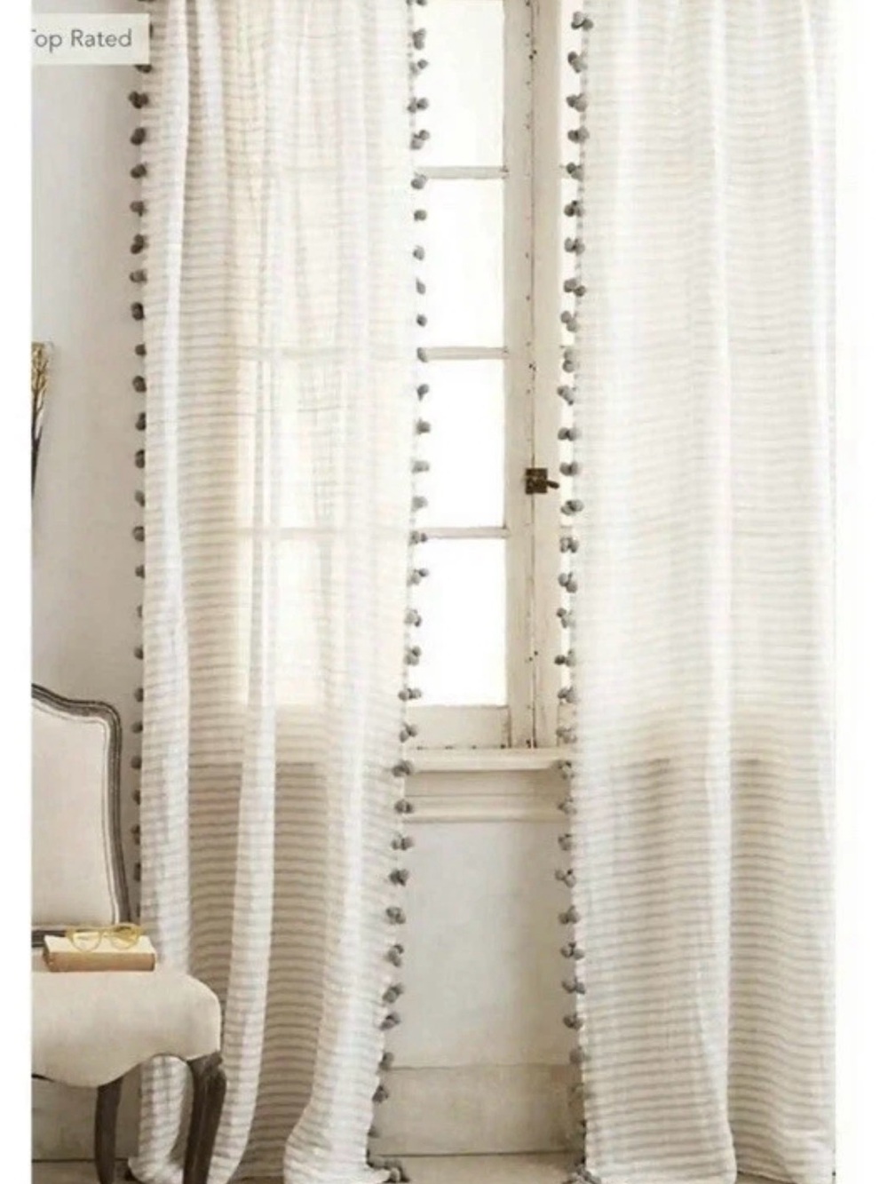 TWO Anthropologie Striped Pom Tassel Curtain Panels